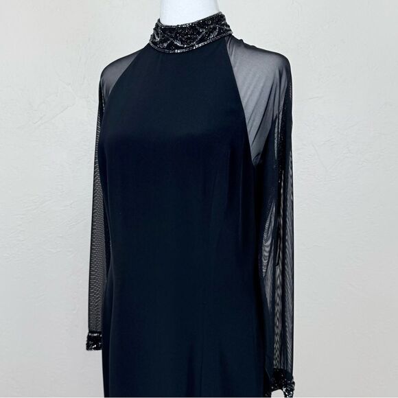 Vintage Black Tie Oleg Cassini Dress w/ Sheer Long Sleeves Beaded Detail Maxi - Picture 7 of 16
